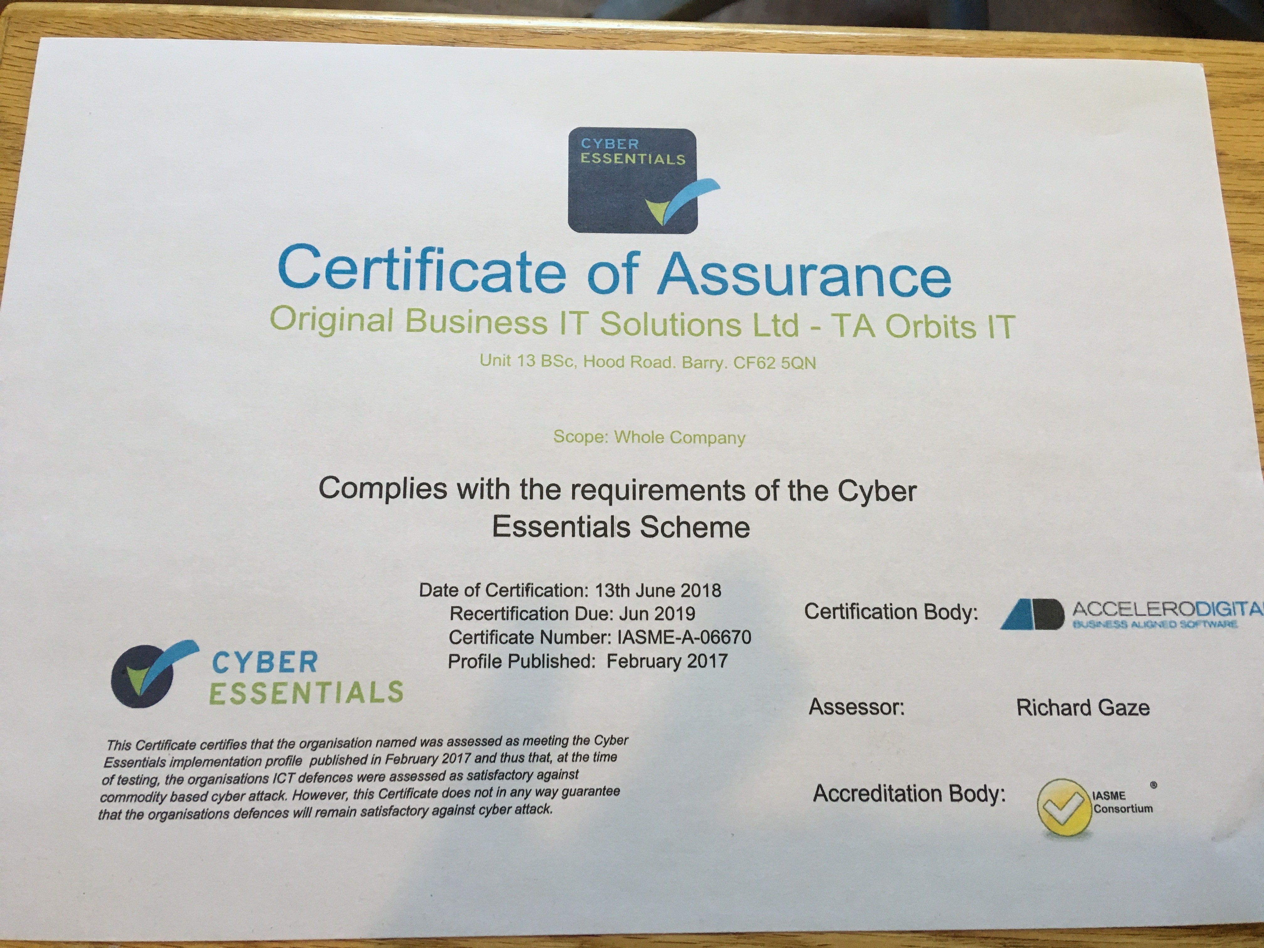 Cyber Essentials Certificate